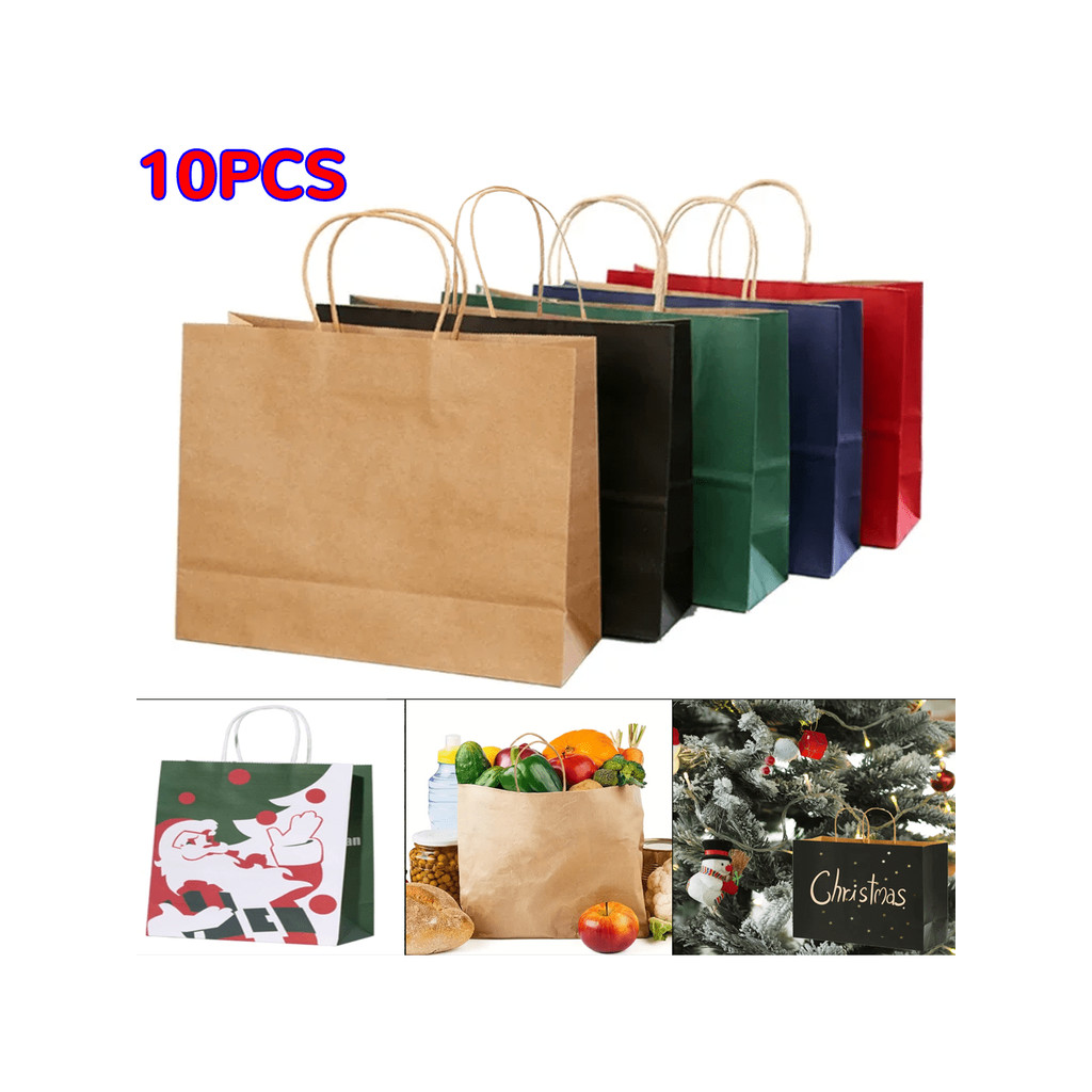

10 pieces of kraft paper bags with handles, holiday gift tote bags, takeaway packaging bags, paper shopping bags
