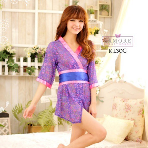 Lamore Lingerie Wanita Piyama Tidur Set Kimono Belt Pita Premium Ungu KL30C