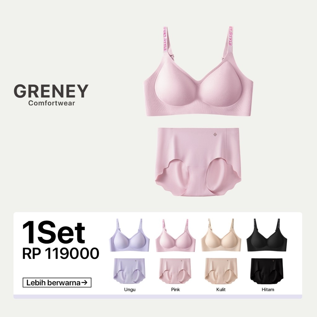 AJISHOP GRENEY-Bra Set Bra Seamless Mulus MenopangTali bahu huruf mengkilap Cup yang dapat dilepas M