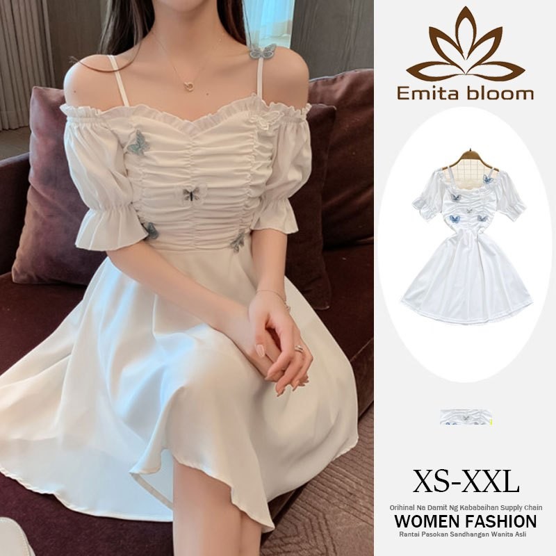 __ EMITA BLOOM mini dress Lengan Pendek Putih Wanita korea perempuan kekinian dress princess perempu