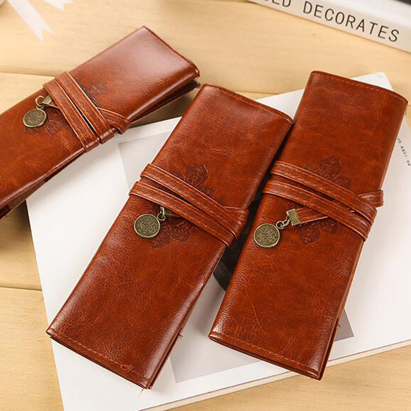 

luxury quality 1PCS PU Leather Creative Retro Pencil Cases Roll Pen Bag Pouch Stationery Office School Supplies Cosmetic Bag