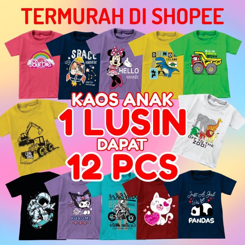 CAMBO.SHOP Kaos Anak 1 Lusin 12 Pcs Baju Anak Laki-Laki Perempuan