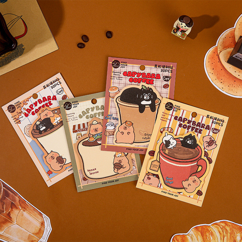 

30pcs/Set Cute Cartoon Capybara Coffee Sticky Notes Cartoon Student Journal Message-Leaving Memo Pads Sticky Notes for Students
