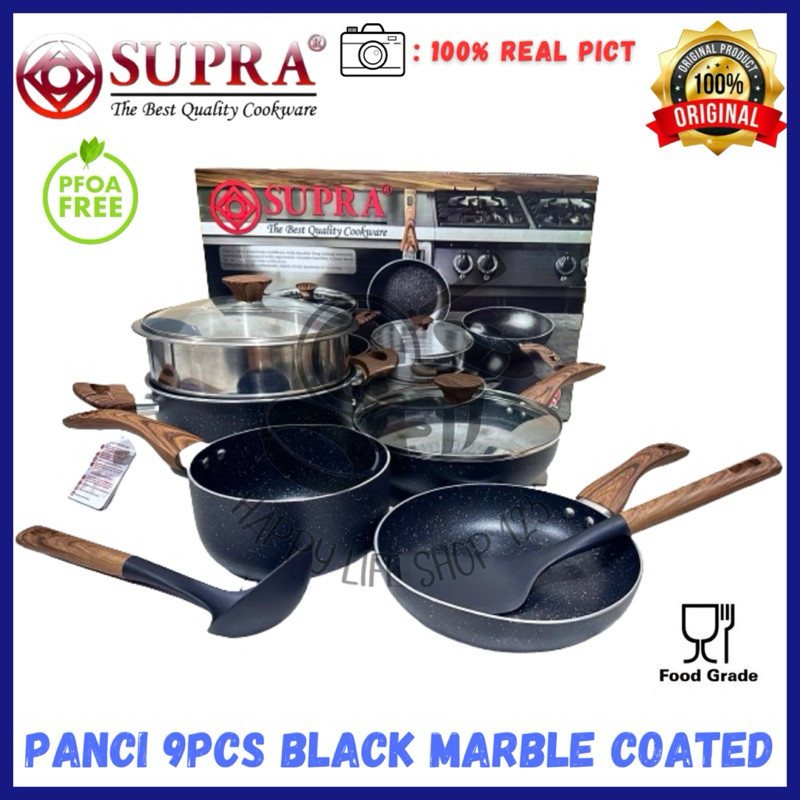 Panci Supra 9pcs Black Marble / Panci Set Supra Aluminium Black Marble