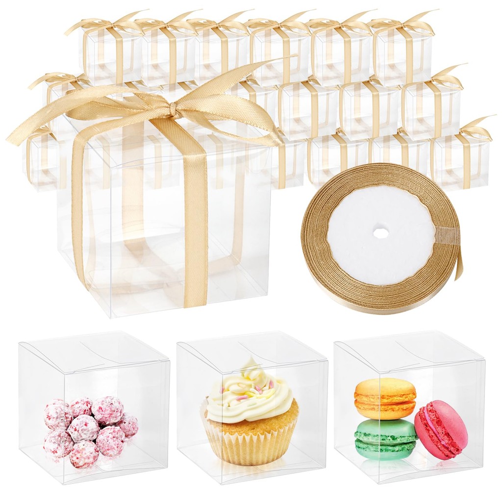 

50pcs Transparent Party Favor Boxes (with Gift Ribbon), 2×2×2 Inch, Macaron Cupcake Candy Soap Gift Individual Packaging Boxes