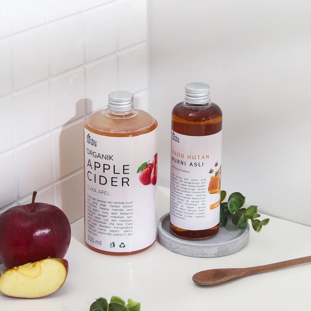 

Bumbu Sahara Paket Hemat 2 in 1 Cuka Apel Original Apple Cider With Mother 500 ml Madu Hutan 250 ml Organik Murni