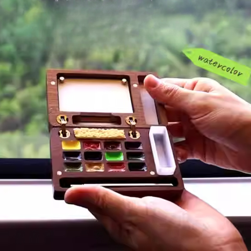 

Mini Walnut Paint Box 12 Color Solid Watercolor Paint Portable Sketching Painting with Brush Travel Watercolor Palette Set