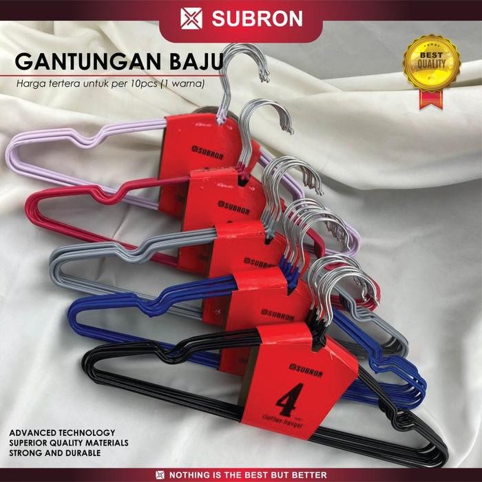 SUBRON 10pcs Hanger Gantungan Baju Pakaian Stainless Tebal 3mm Karet Warna Kait Kawat - Random Subro