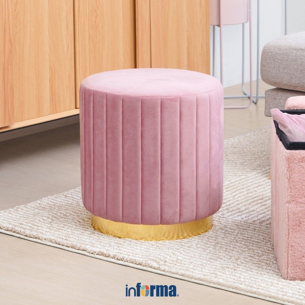 Informa Wilshire Bangku Fabric Velvet - Pink Soft Multipurpose Stool Bangku Makan Cafe Restoran Serb