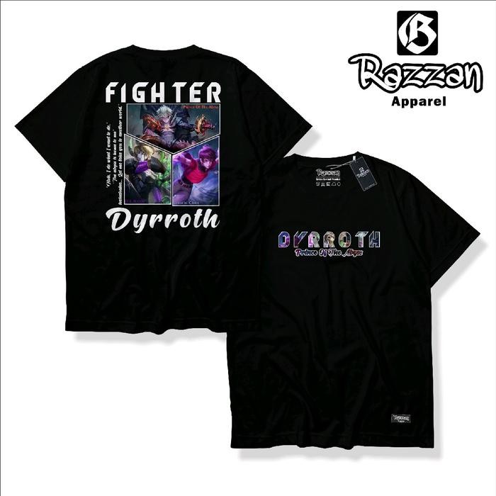 (COD) KAOS DISTRO HERO MLBB DYRROTH FIGHTER BAJU GAMING MOBILE LEGENDS PREMIUM QUALITY - hitam, M