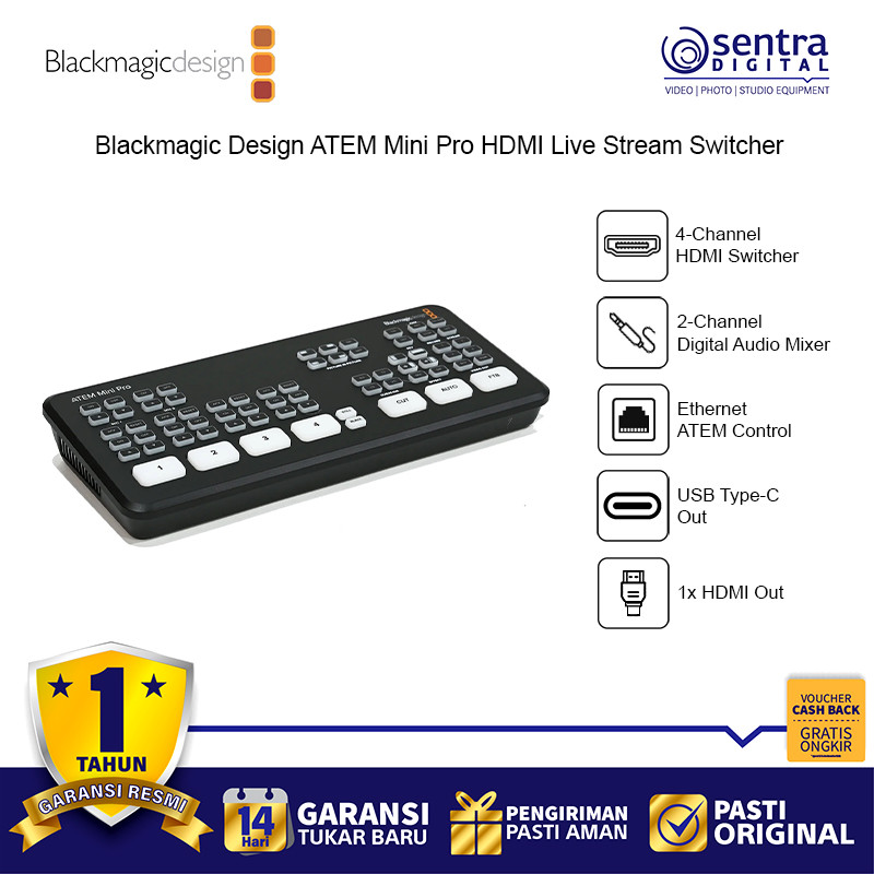 Blackmagic Design ATEM Mini Pro Live Stream Switcher with Record Button HDMI USB Type C SDI 4 Channe