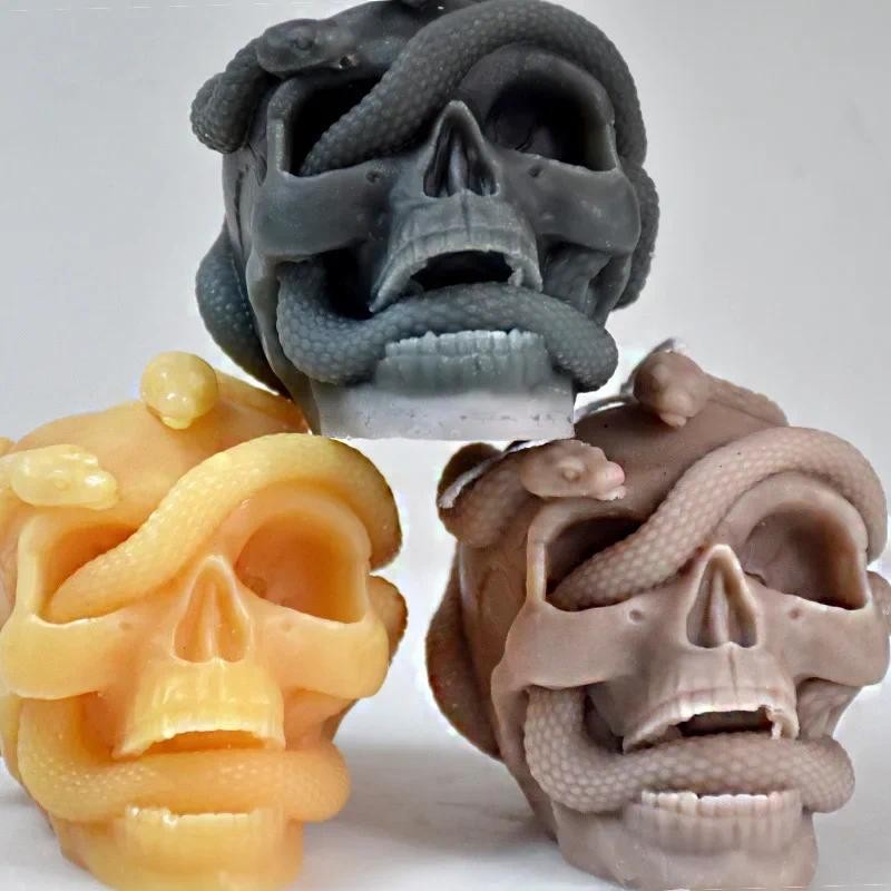 

3D Snake Skull Silicone Candle Molds DIY Handmade Soap Plaster Crafts Resin Concrete Casting Mold Halloween Gift Making Tool