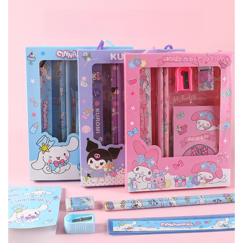 

5pcs/set Kuromi Stationery Set HelloKitty MyMelody Pencils Erasers Rulers Notebook Student School Supplies Study Stationery Gift