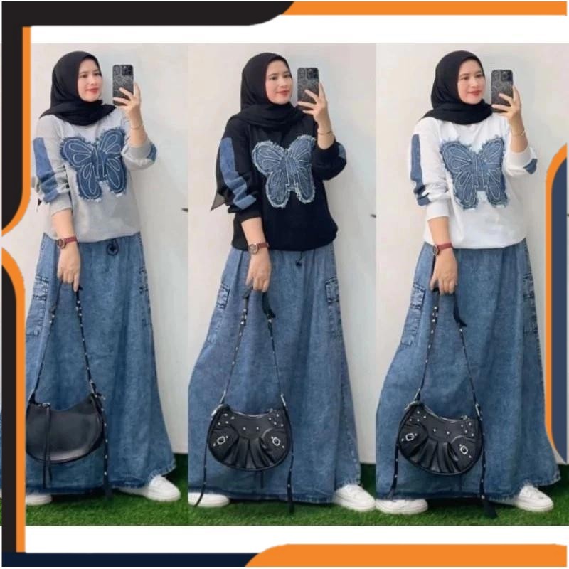 Setelan Wanita Terbaru Setelan Rok Jeans Kekinian Setelan Rok Jeans Kupu Kupu Kombinasi Kaos Wanita 
