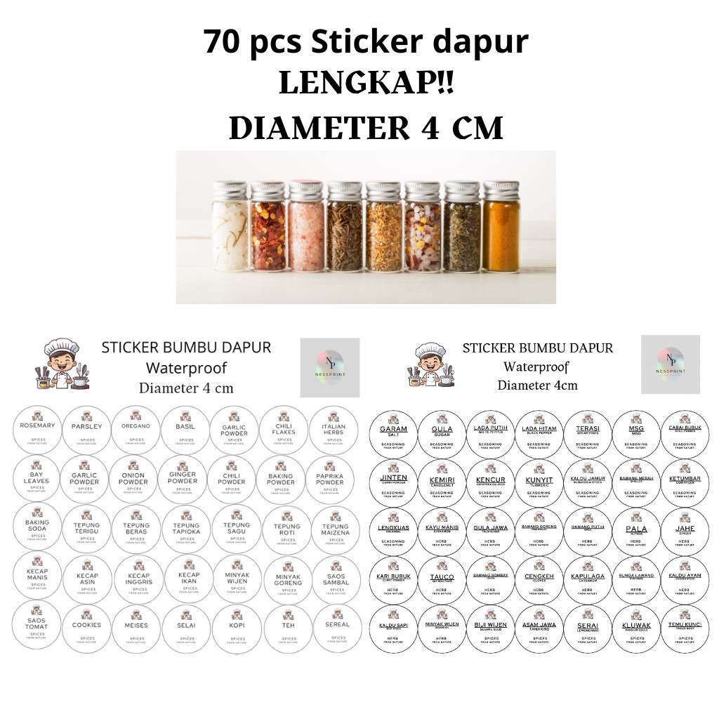 

NESSPRINT sticker bumbu dapur, sticker waterproof makanan, label bumbu dapur, sticker dapur, Label nama bumbu dapur
