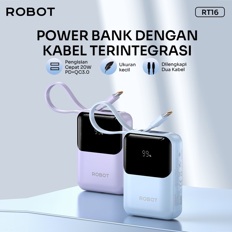JAMIN MURAH Powerbank Robot 9000Mah / 10000Mah RT-16 Mini Powerbank Robot LED Display Dengan 2 Kabel