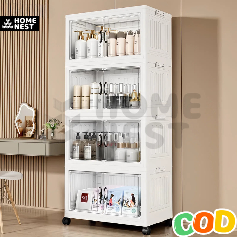 Rak Kabinet Susun Lipat | Kapasitas Besar Tutup Transparan Lemari Plastik | Rak Buku Serbaguna