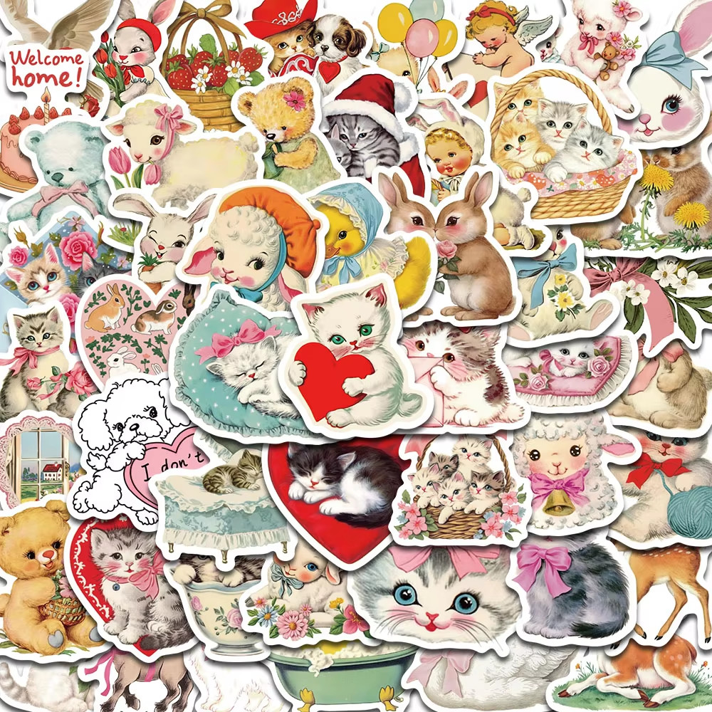 

50PCS Vintage Animals Clipart Sticker Aesthetic Skateboards DIY Harajuku Laptop Luggage Waterproof Wall Room Bar Decor Stickers