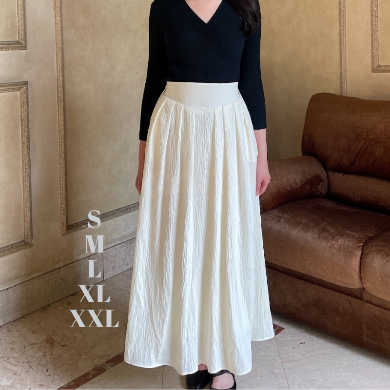 Rok Panjang Wanita Basic Maxi Skirt Premium Rok Linen Putih Panjang Korean Style 0412