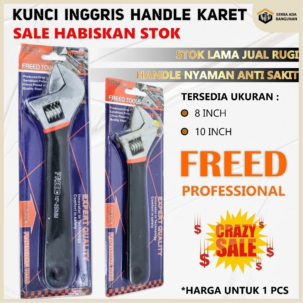 SAB FREED Kunci INGGRIS 8 inch GAGANG KARET kunci / KUNCI INGGRIS GAGANG KARET FREED 10 INCH PEMBUKA