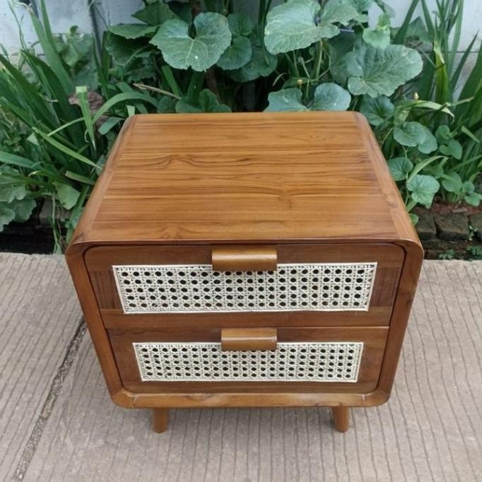 Nakas Retro Nakas Jati Meja Retro Kombinasi Rotan Mentah Amplas Rak Buku Meja TV Kayu Jati