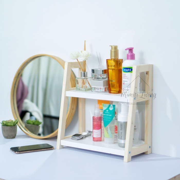 Rak 2 susun kayu serbaguna multifungsi / rak bumbu dapur serbaguna - putih kaki kayu