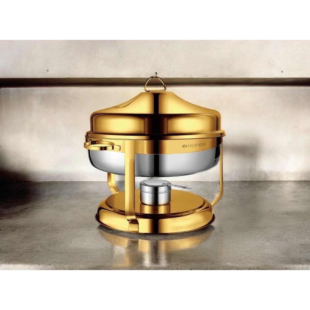 Prasmanan Bulat Stainless Gold Emas 9 Liter Chafing Dish Dengan Tiang Tutup Vicenza VCF02 / Original