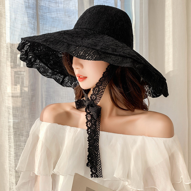 Summer Lace Sun Hat Women  Wide Brim Sun Hat Women Lace Hat Summer White Black Lace Party Wedding Pa