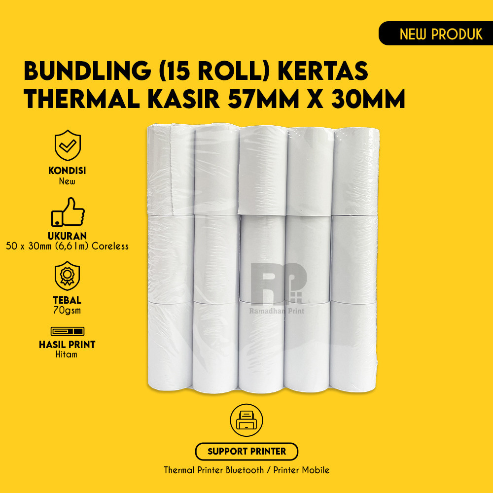 

Kertas Struk Kasir Ukuran 57x30mm / 57 x 30 / 57x30 mm Coreless 15 10 5 Roll