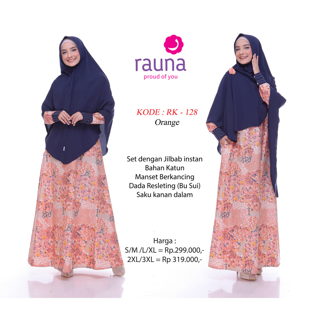 Rauna RK 128 Gamis Katun Set Hijab Orange Motif Cute Dress Pengajian Ibu Ibu Praktis Seharian