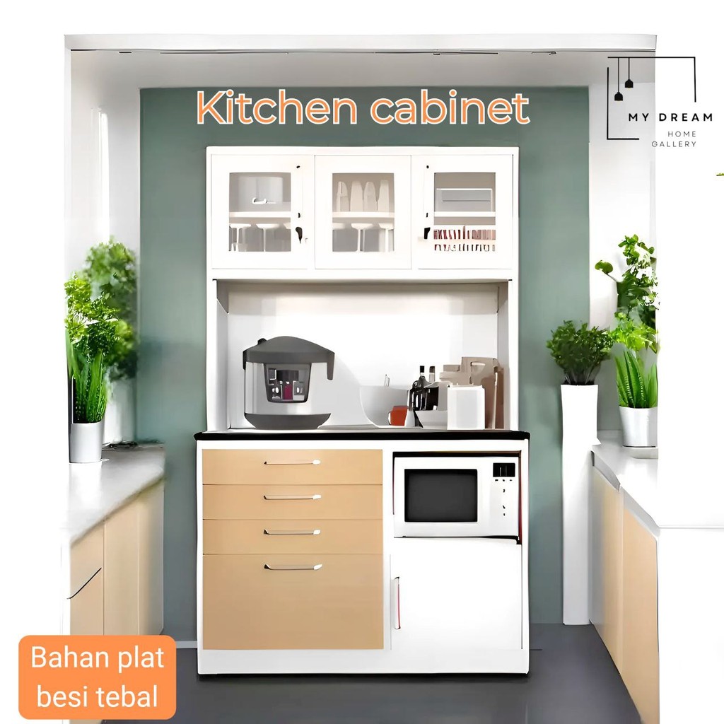 Kitchen Cabinet | Kitchen Set |  Lemari Rak Dapur dengan Lampu LED Besi Minimalis | Lemari Makan | L