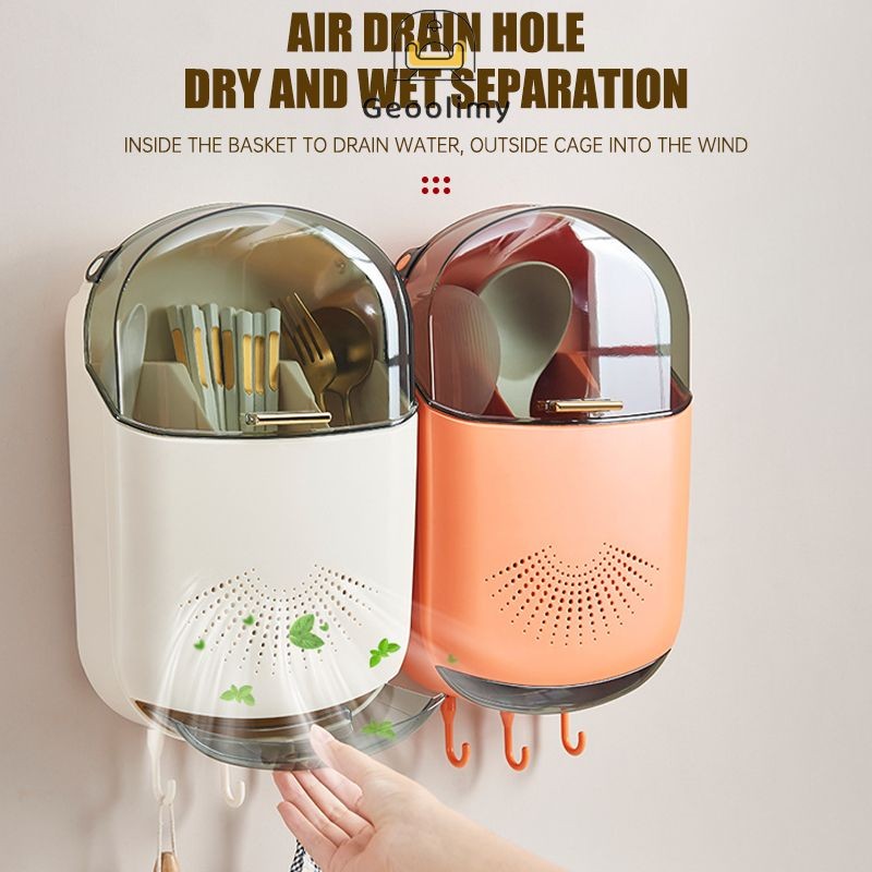 Tempat Sendok Garpu Sumpit Dengan Tutup Rak Wadah Dapur Tertutup Tempel Dinding Kotak Organizer / Ge