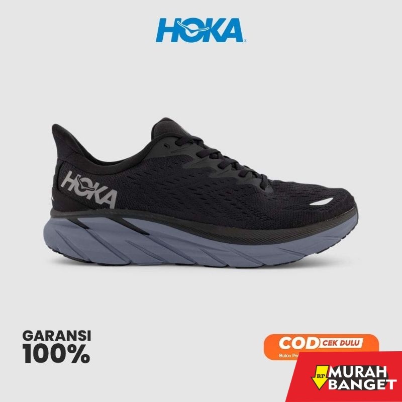 sepatu sneakers lokal terbaik Hoka Clifton 8 Black Grey Original - Sepatu Hoka Running - Hitam Abu -