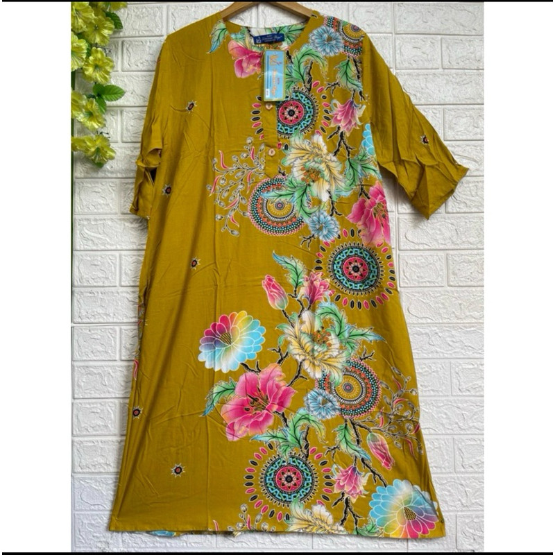 COD| Daster Lengan 3/4 Motif Terbaru Kencana Ungu Asli Label Biru Jumbo Ld.118 cm - Piyama Baju Sant