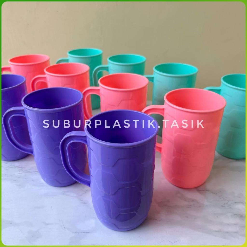 [12 pcs] Cangkir Plastik Jacob Star 500ml Tebal Kuat Tahan Panas Gelas Minum Gagang Tahan Lama Warna