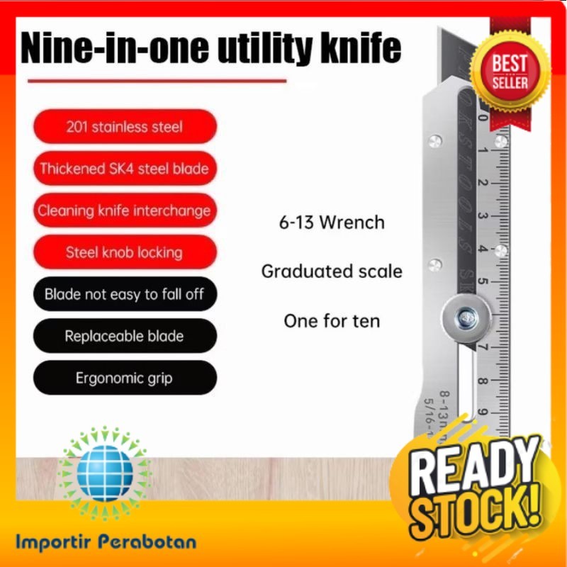 

IMP-A309-Pisau Cutter Stainless 9IN1 Multifungsi