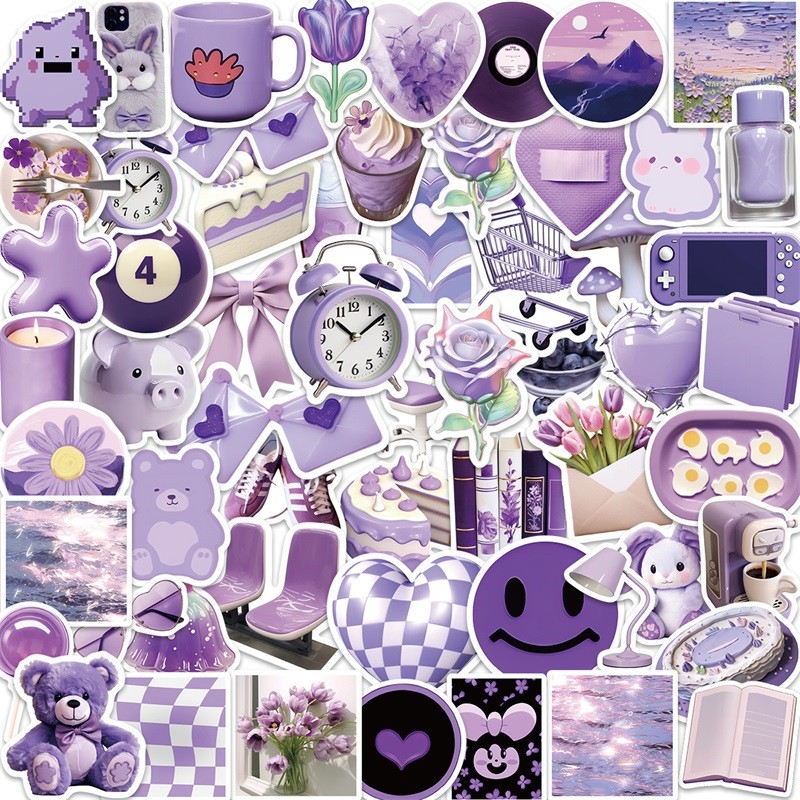 

10/30/56PCS Cartoon Purple PVC Sticker Aesthetic Children's Korean Decoration Scrapbooking Stationery School Supplies for Kids