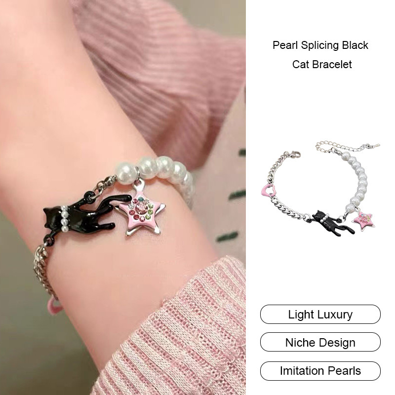 COD Gelang Kucing Hitam Penyambungan Mutiara Wanita Gelang Kucing Hitam Manis Gelang Mewah Cahaya Ke