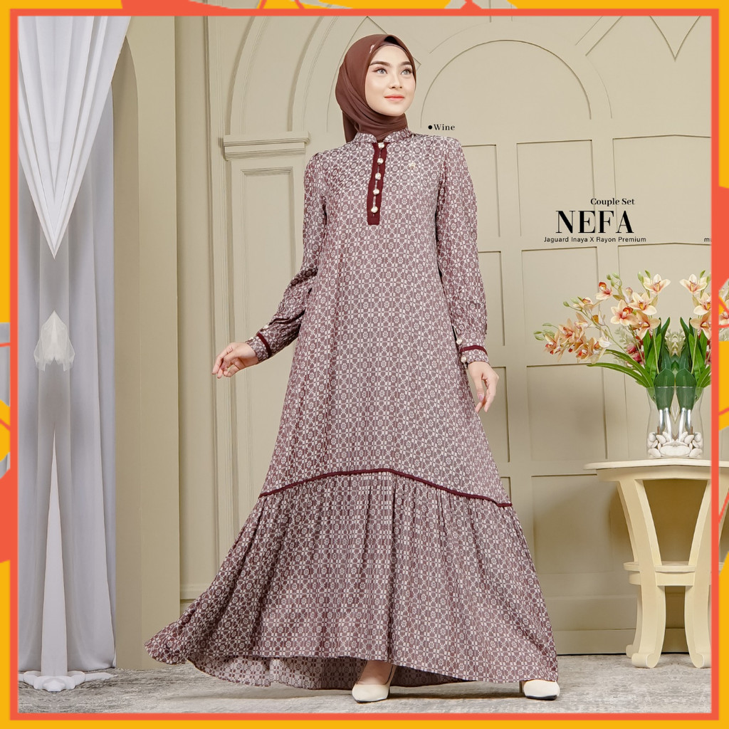 Gamis Premium Bahan Adem Terlaris Dress Arrafi Terbaru Nefa Dress Warna Wine Size L LD 100 cm Nyaman