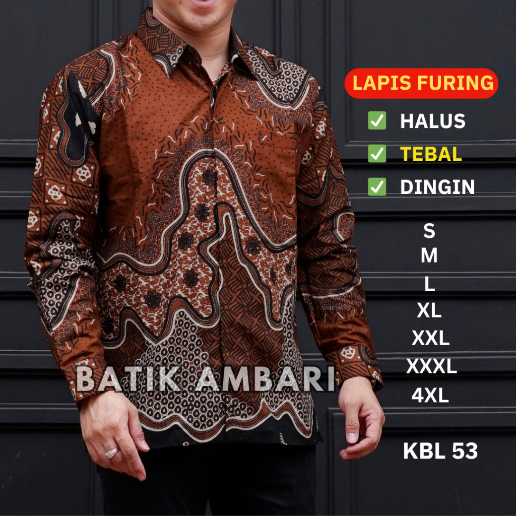 Kemeja Batik Pria LAPIS FURING Lengan Panjang STANDAR JUMBO XXXL 4XL Coklat | Batik Ambari KBL 53