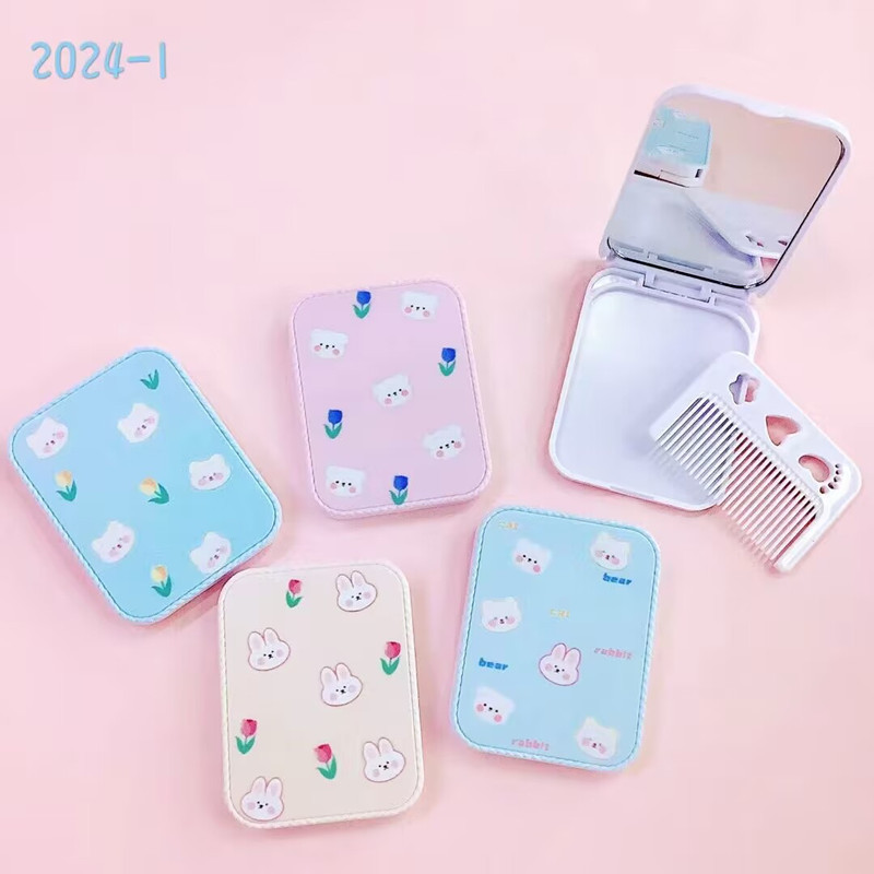 Sisir Cermin Modis Lipat Cermin Kecil Portabel Sisir Kartun Lukis Semprot Cermin Kosmetik Kotak Ceta
