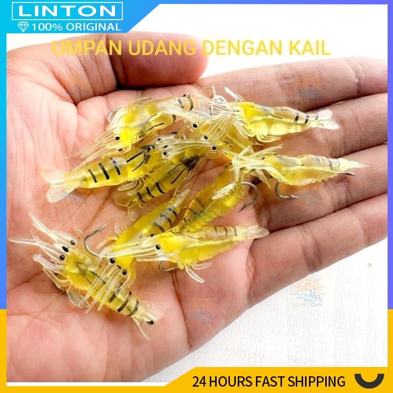 【COD】【Grosir】Udang Lembut 4cm dengan Garis Kuning Hook Umpan UDANG Lengkap Dengan Kail Panjang 4cm M