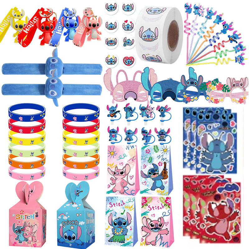 

Disney Stitch Party Gift Supplies Bracelets Reusable Drinking Straws Stamp Paper Bags Stickers Ring Kids Birthday Party Supplies