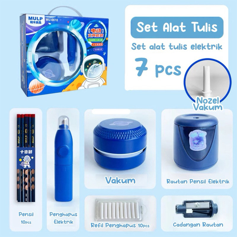 

Electric Stationery Set / Set Alat Tulis Elektrik Rautan Penghapus Vacuum Pensil 7 In 1/Set Alat Tulis Elektrik MULP MU-6618