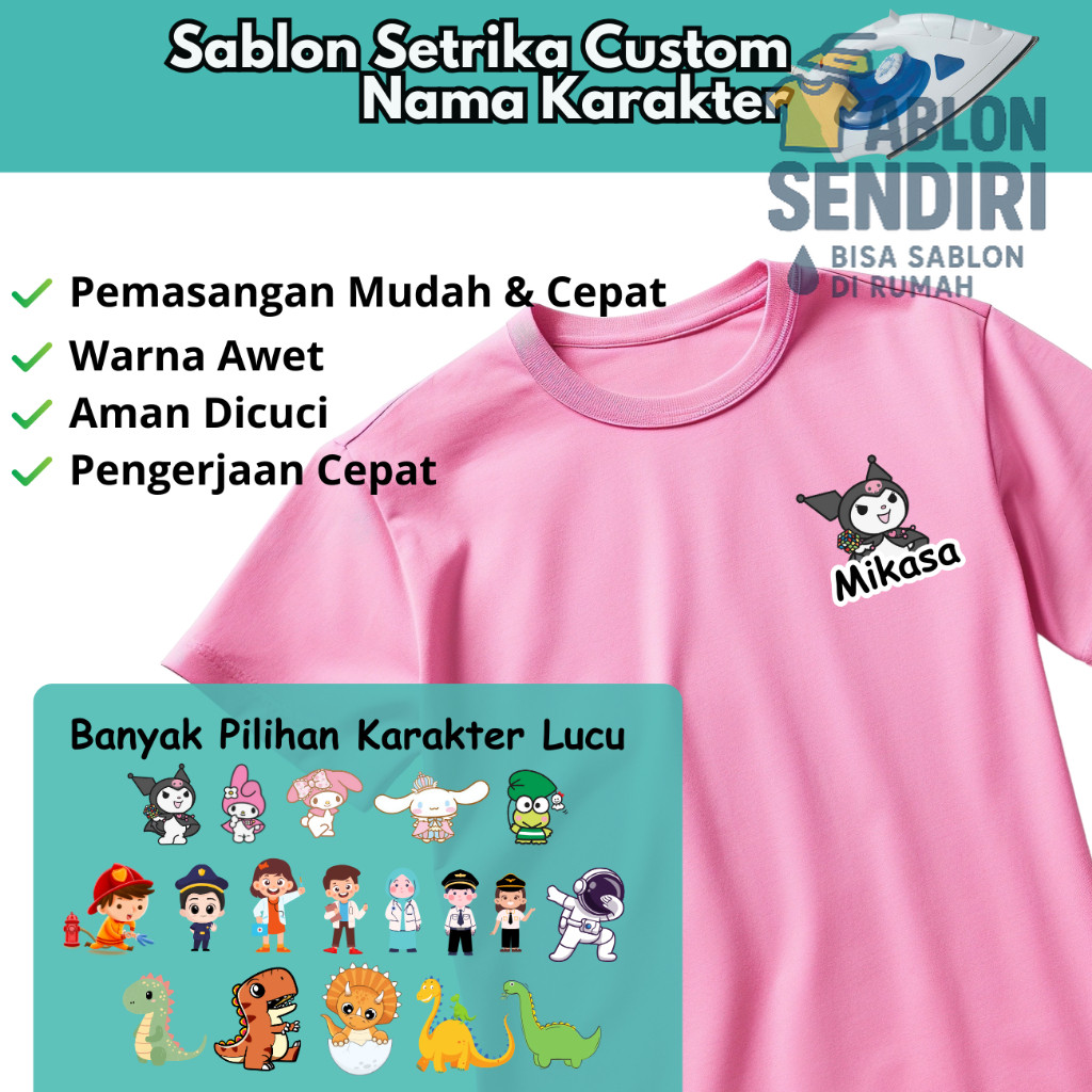 

Sablon Setrika Custom Nama Karakter, Sticker sablon setrika custom