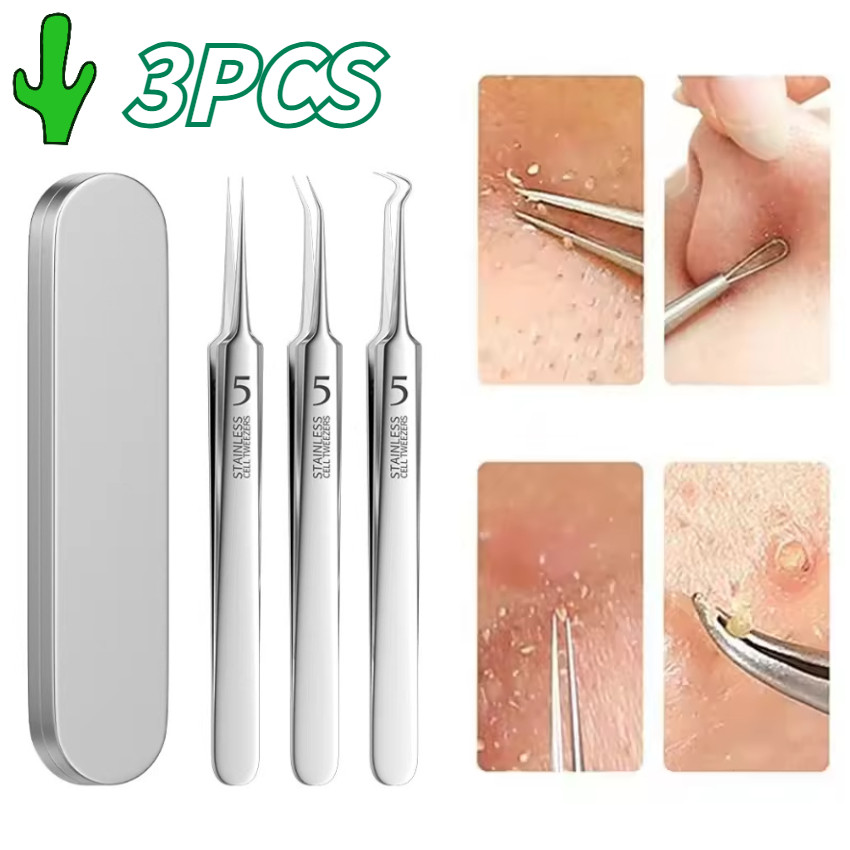 3Pcs Lurus Pinset Klip Penghilang Komedo Hidung Alat Jerawat Pinset Jepit Komedo Stainless Steel Pin