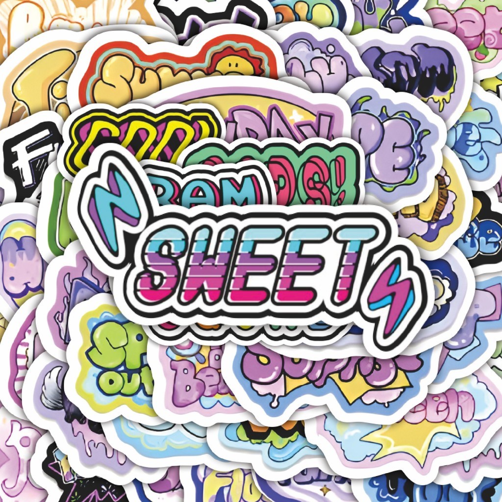 

100PCS Lucu Stiker Cartoon Graffiti Text [Teks Grafiti Kartun] Stiker Aesthetic Stiker Anti Air Stikers Berperekat Waterproof sticker decal buat Motor Helm Buku Journal Koper Casing HP Laptop Botol Minum Hadiah anak