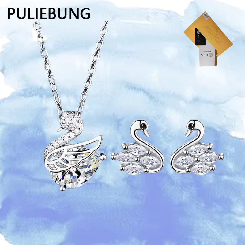 PULIEBUNG - Set Perhiasan Kalung dan Anting Angsa Moissanite Sederhana Elegan Gaya Korea
