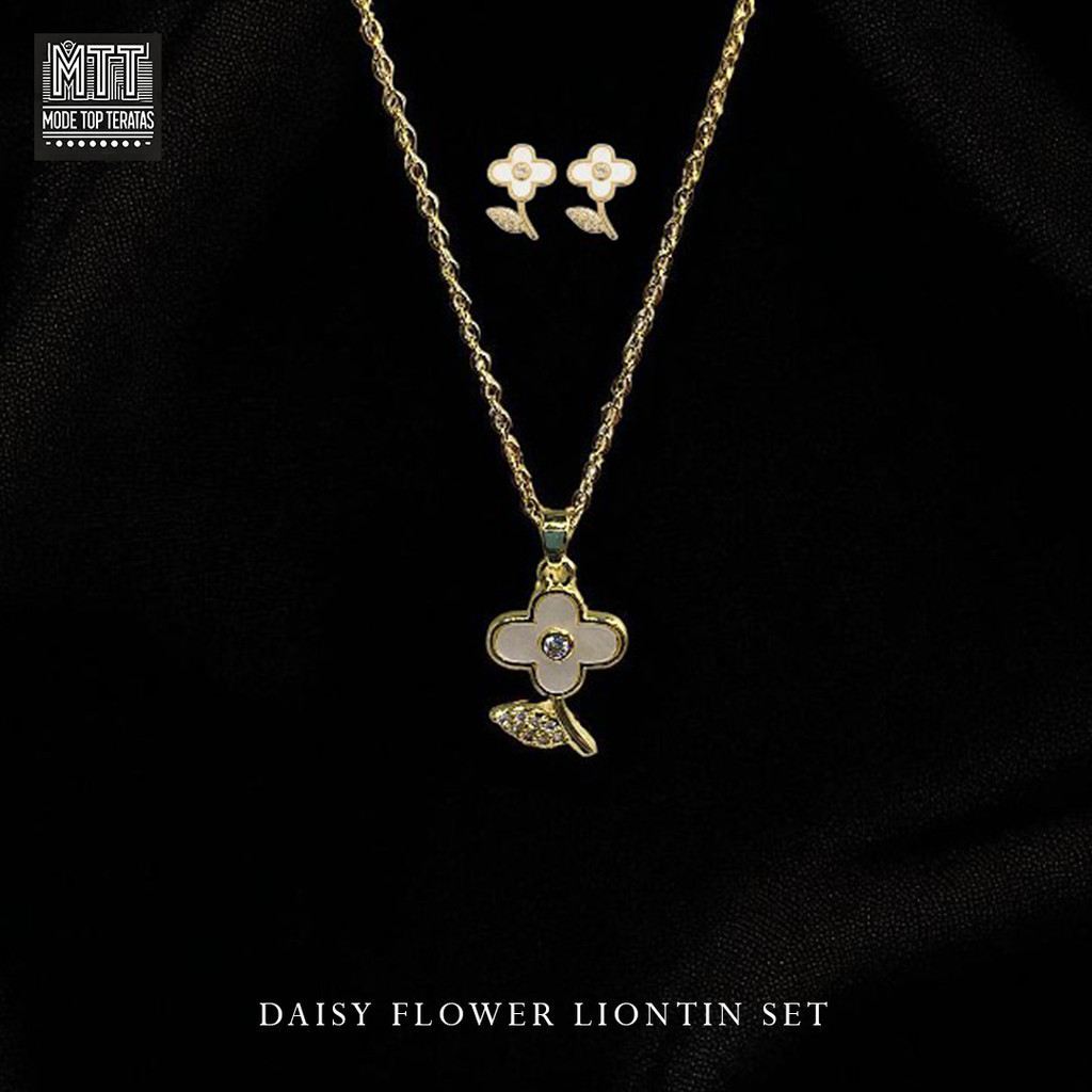 Mode Top Teratas - Set Kalung Dan Anting Titanium Silver | Daisy Flower Liontin Set Seri Sehari-hari