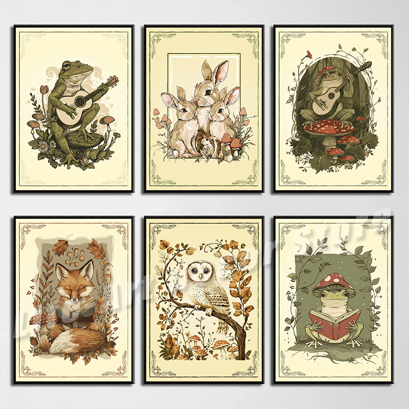 

Cute Cottagecore Rabbit Snail Frog Animals Retro Poster Print Canvas Painting Wall Art Picture for Room Home Aesthetics Decor